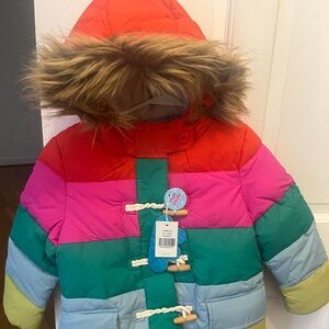 Rainbow Fleece-Lined Hooded Puffer Jacket - Multi Rainbow | Girls size 6-7